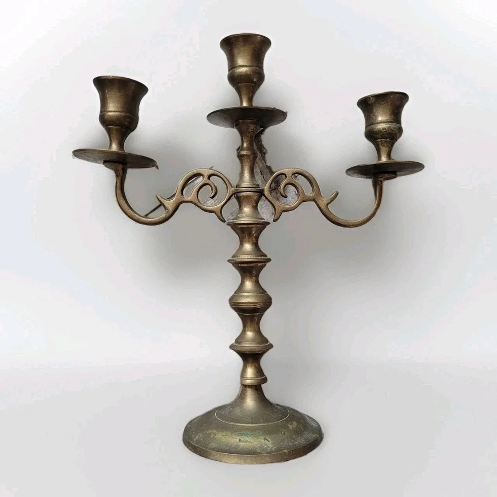 Ornate Vintage Brass Triple‎ Candle Holder | French Country Victorian Decor